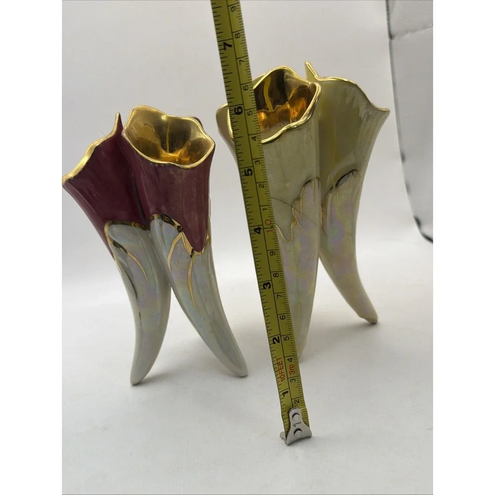 2 Japanese Lusterware 3 Horn Flower Vases Iridescent Purple Gold 6.5